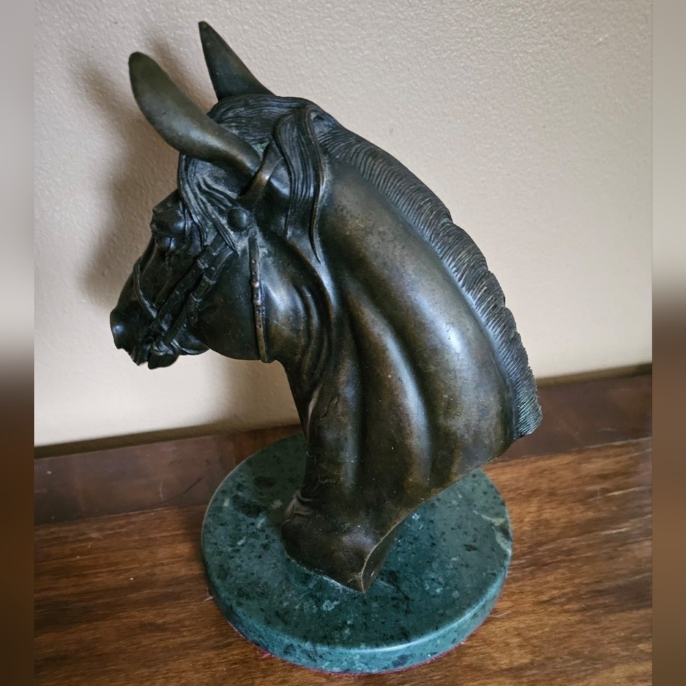 Vintage Bronze Horse Bust on Green Marble Base - Picture 3 of 4